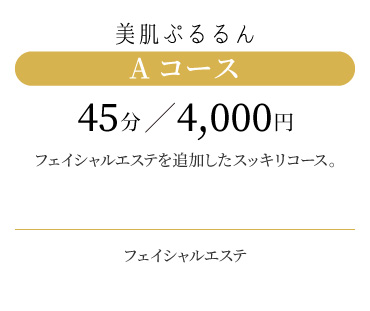 
                  美白ぷるるん Aコース 45分/3,500円
                  フェイシャルエステを追加したスッキリコース。