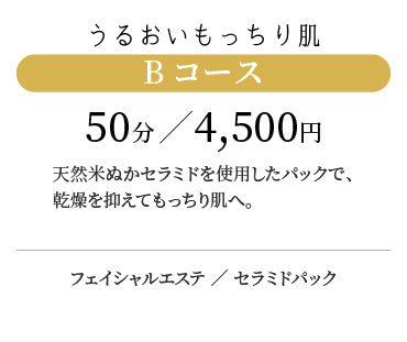 
                  うるおいもっちり肌 Bコース 50分/4,300円
                  天然米ぬかセラミドを使用したパックで、乾燥を抑えてもっちり肌へ。