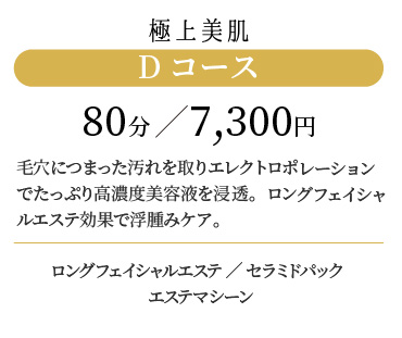 
                  極上美肌 Dコース 80分/7,000円
                  毛穴につまった汚れを取りエレクトロボレーションでたっぷり高濃度美容液を浸透。ロングフェイシャルエステ効果で浮腫みケア。
